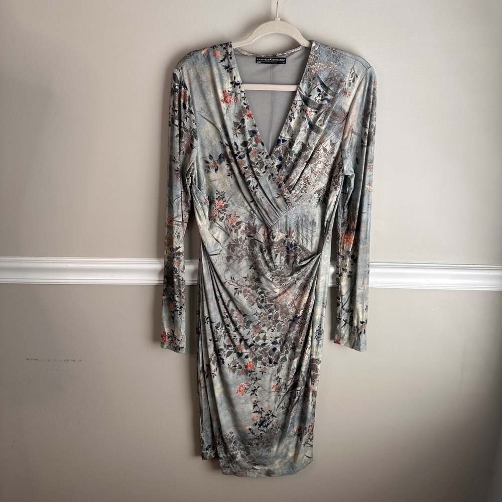 Peruvian Connection Ariana Stretch Faux Wrap Dress Floral Woodsy M Boho Artsy
